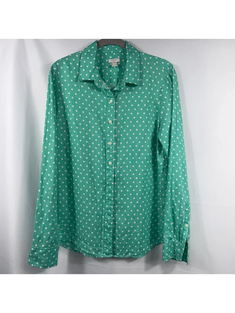 J.Crew Green White Polka Dot 100% Linen Button Down Shirt Size M